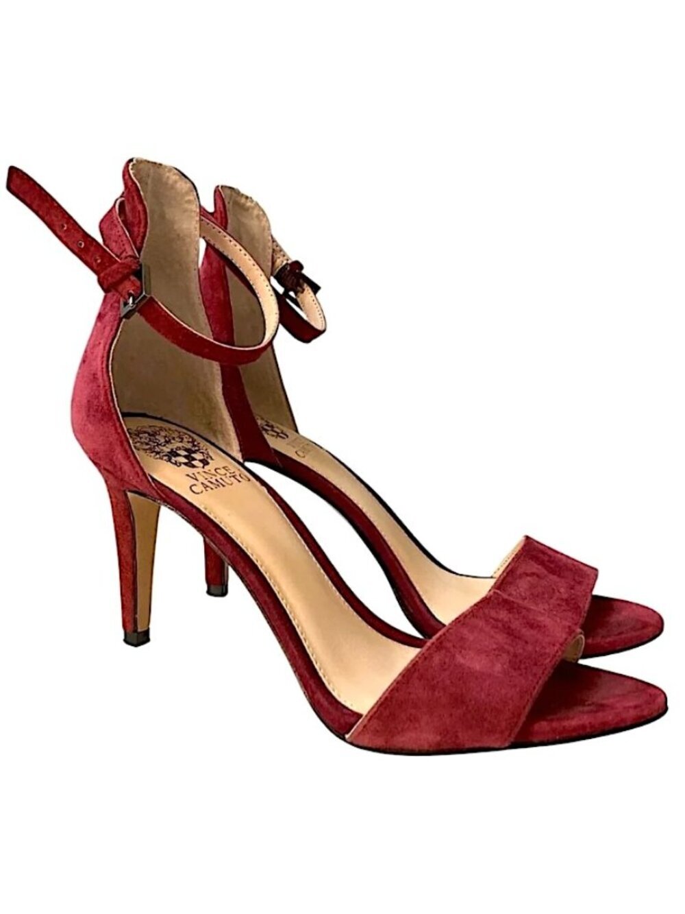 VINCE CAMUTO Court Suede Open Toe Ankle Strap Heels Chianti